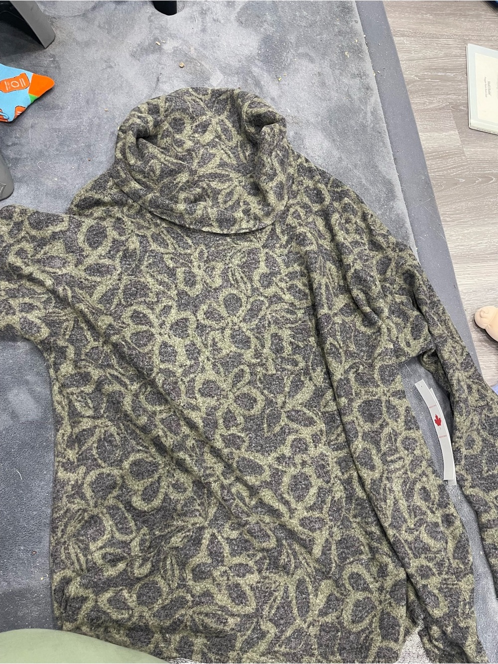 Tribal Olive Green and Charcoal Floral Turtleneck Sweater